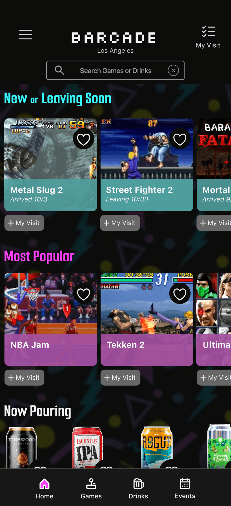 Barcade app concept home screen