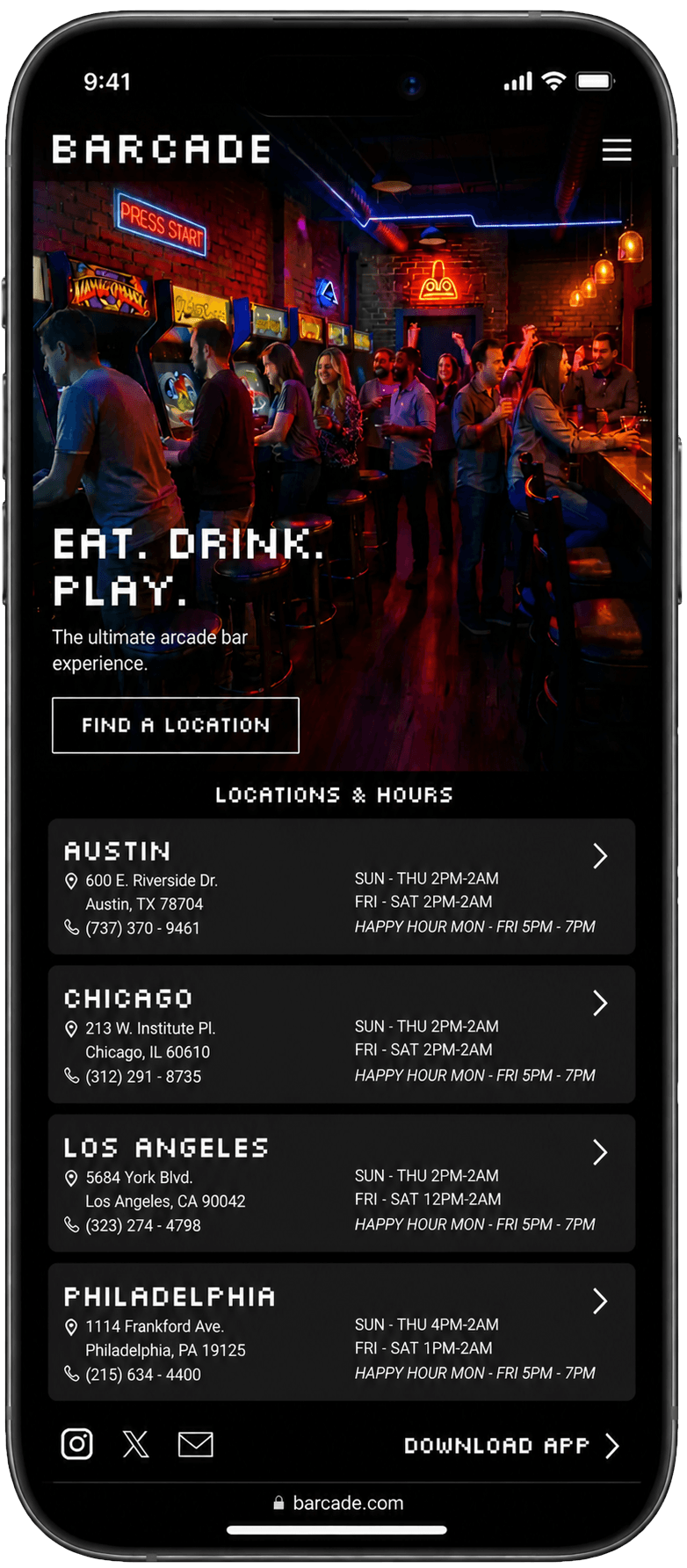Barcade mobile homepage